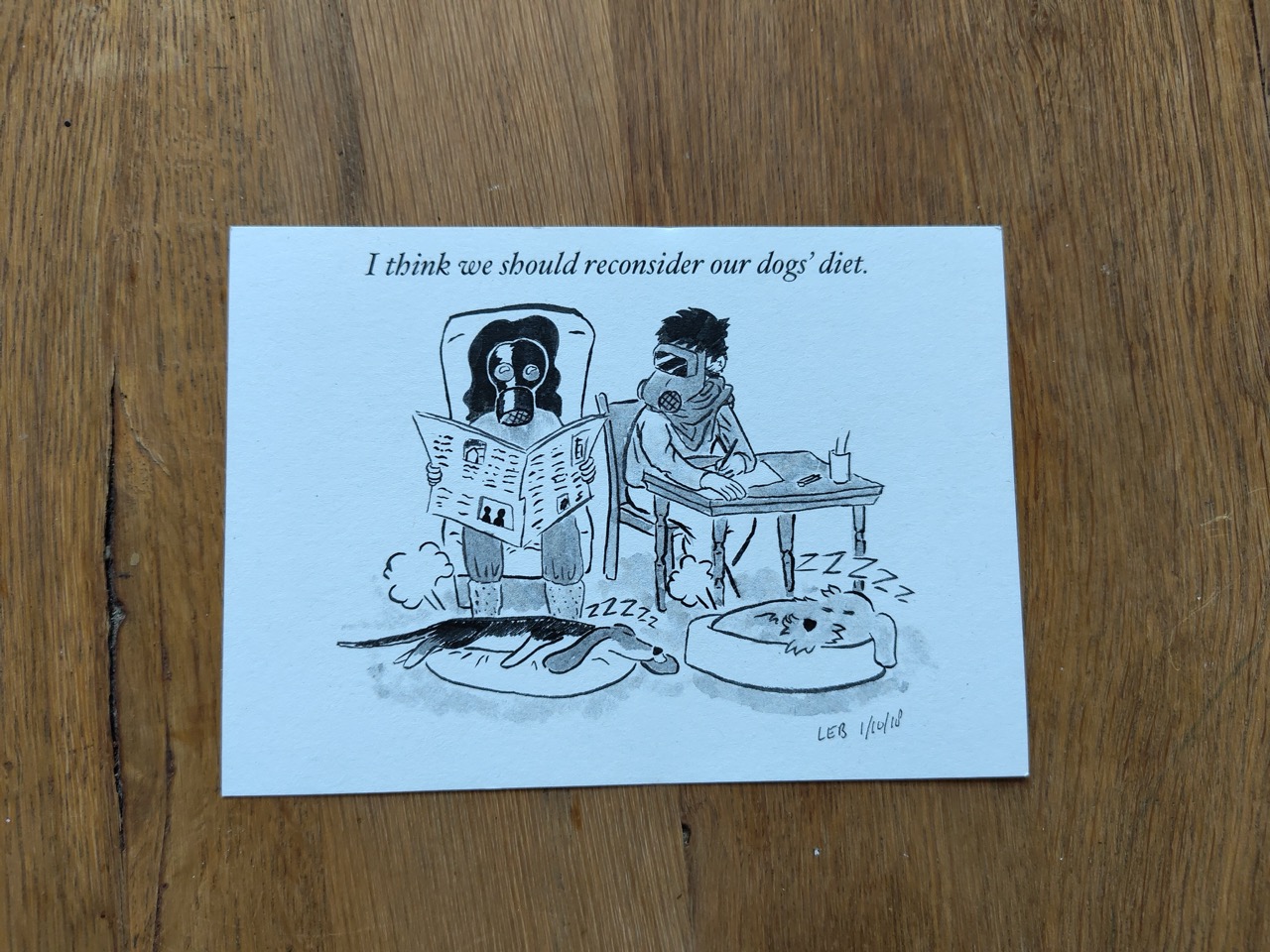 postcard with two dogs farting while people wear gass masks